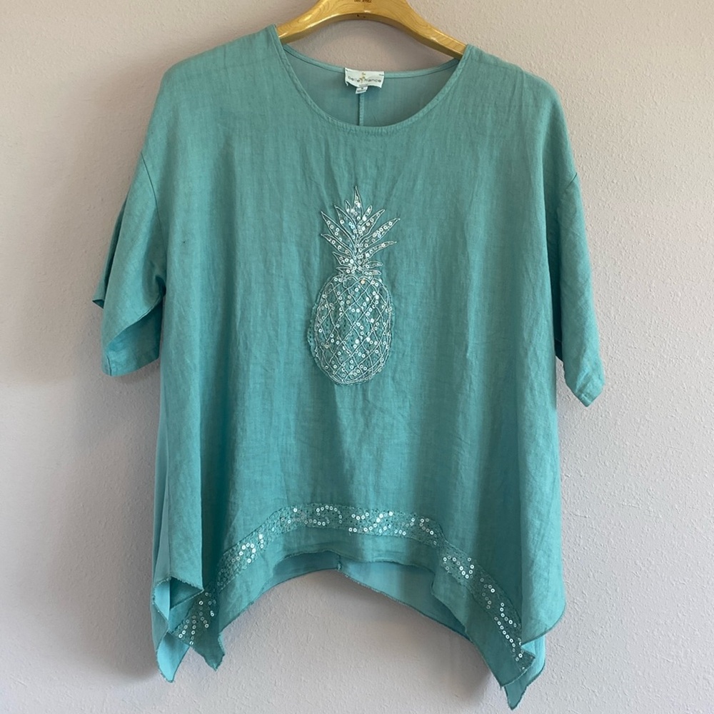 Belle France top, Linen, pineapple, sequins